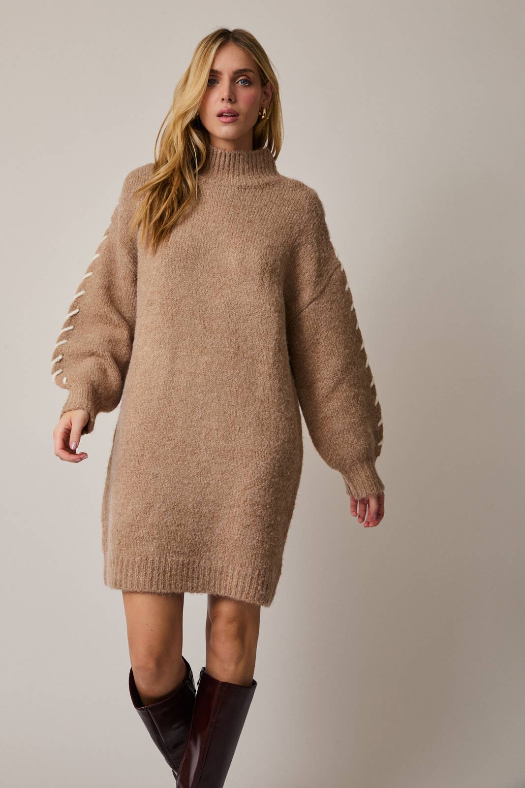 Mock Neck Long Sleeve Stitch Detail Sweater Dress