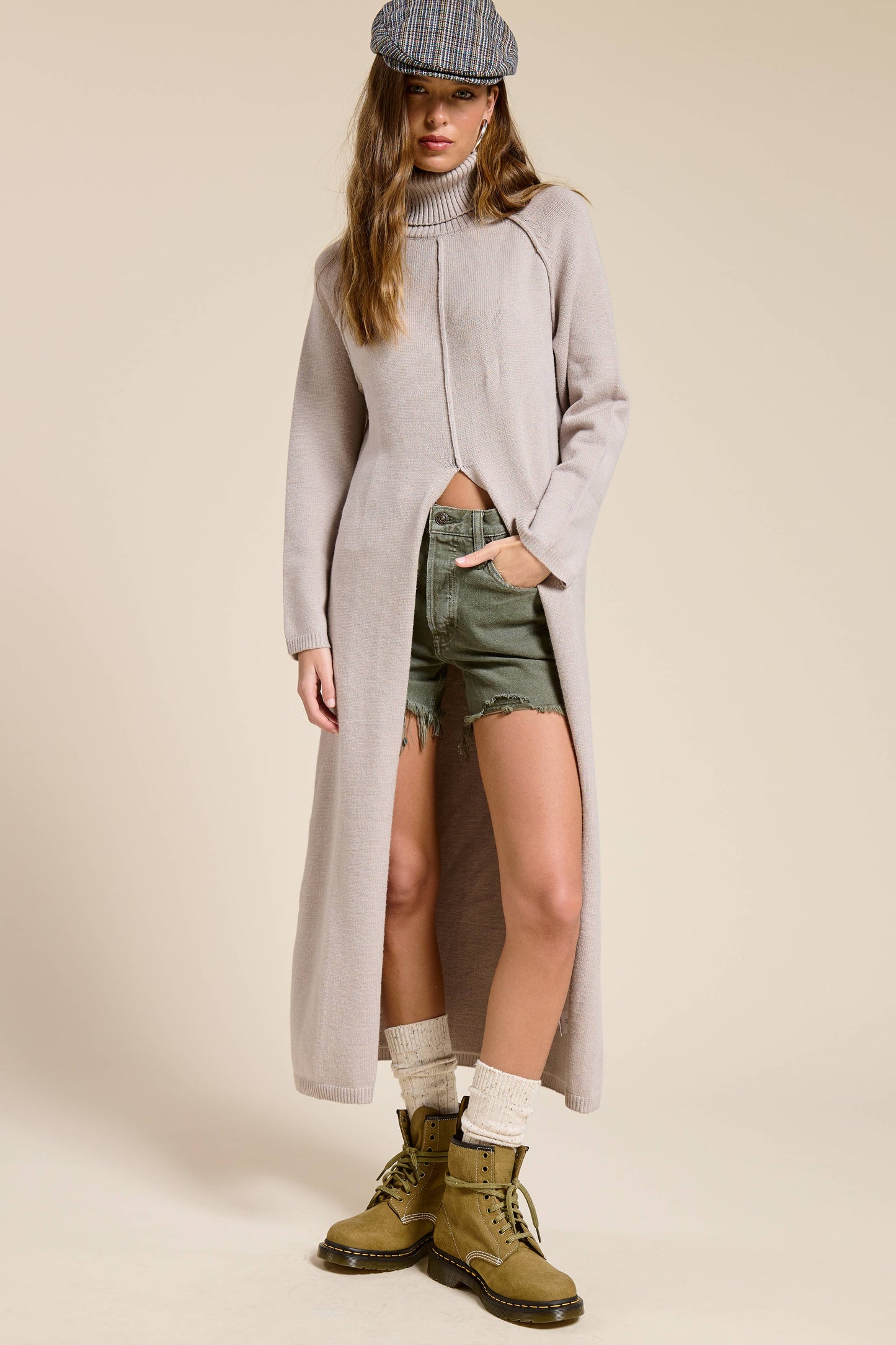 Ribbed Turtleneck Tunic Sweater Dress with Slit