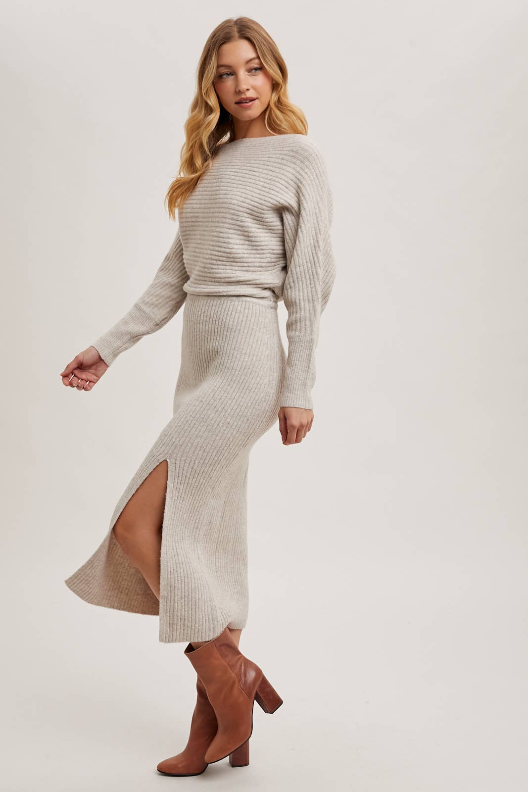 One Shoulder Off Side Slit Midi Knit Dress