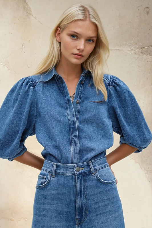 Balloon Sleeved Denim Top