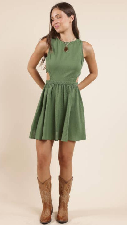 Good Day Braided Dtl Cutout Mini Dress : GREEN: SMALL