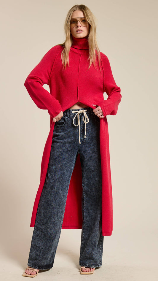 Ribbed Turtleneck Tunic Sweater Dress with Slit