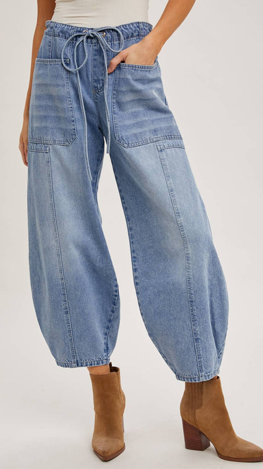 Denim Mid-Waist Drawstring Barrel Jeans