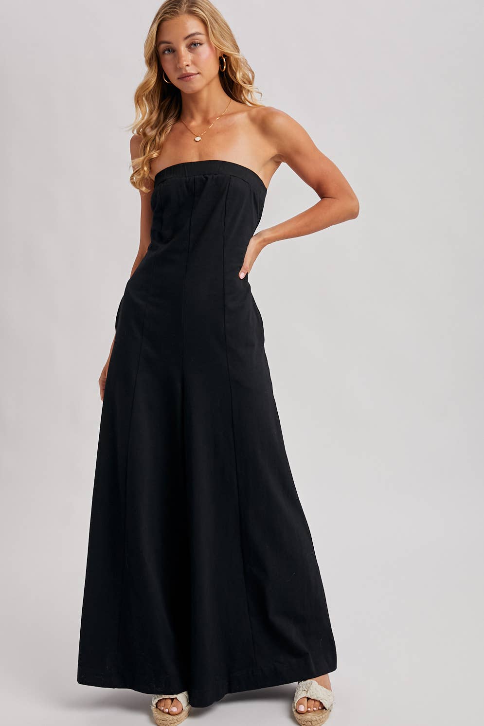 Strapless Bandeau Wide Leg Jumpsuit w/ Pockets