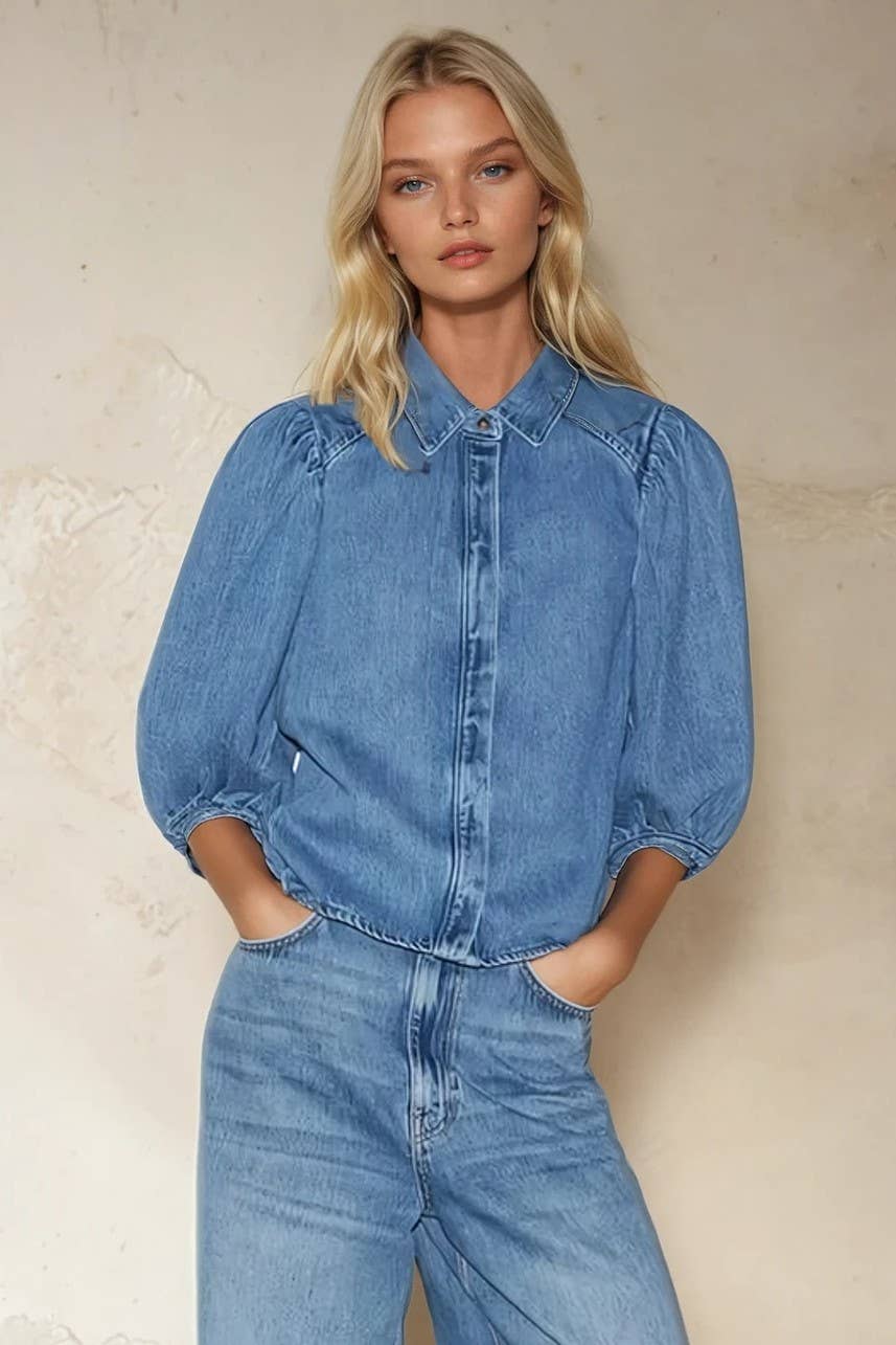 Balloon Sleeved Denim Top