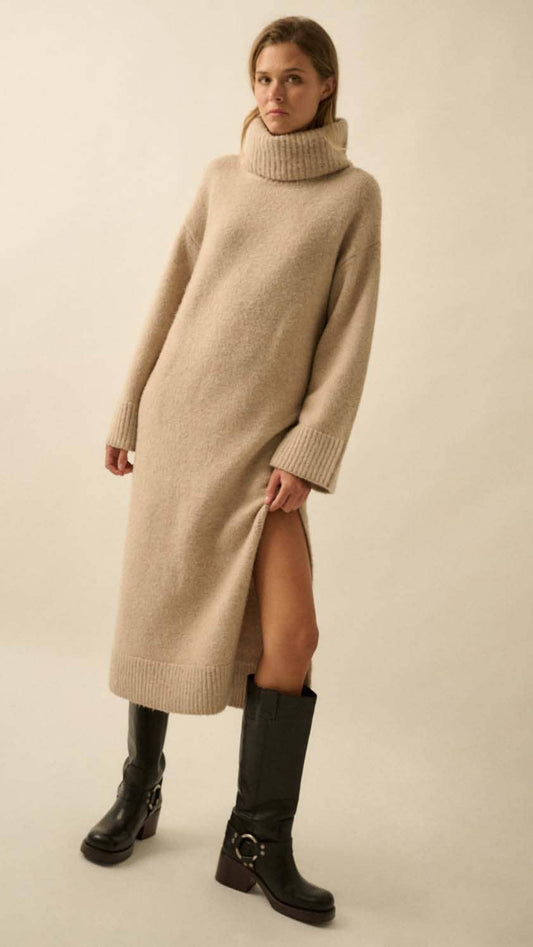 Solid Felted Knit Cowl-Neck Midi Sweater Dress
