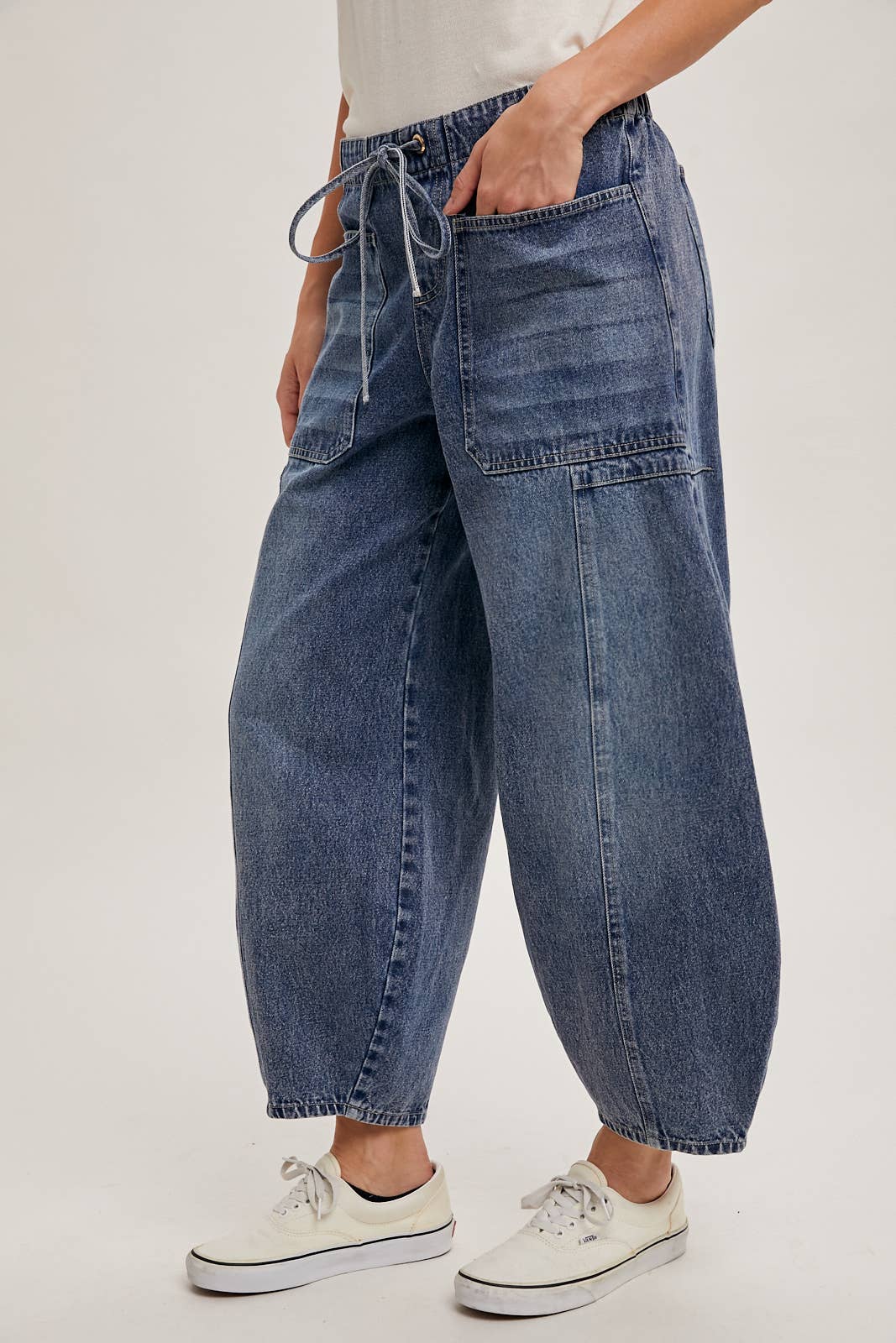 Denim Mid-Waist Drawstring Barrel Jeans