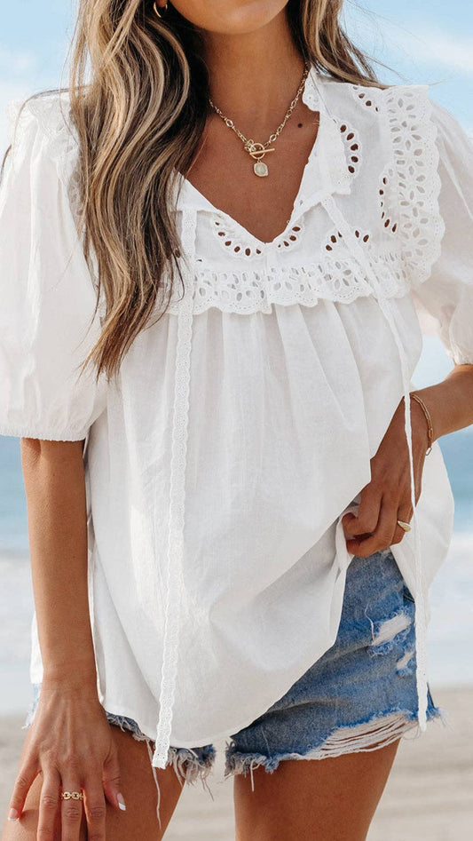 Embroidered Eyelet Patchwork Summer Blouse (
