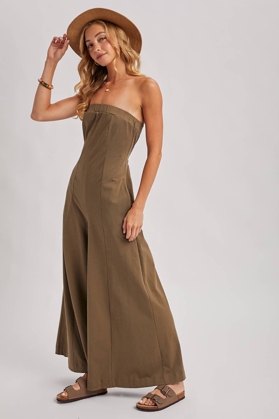 Strapless Bandeau Wide Leg Jumpsuit w/ Pockets