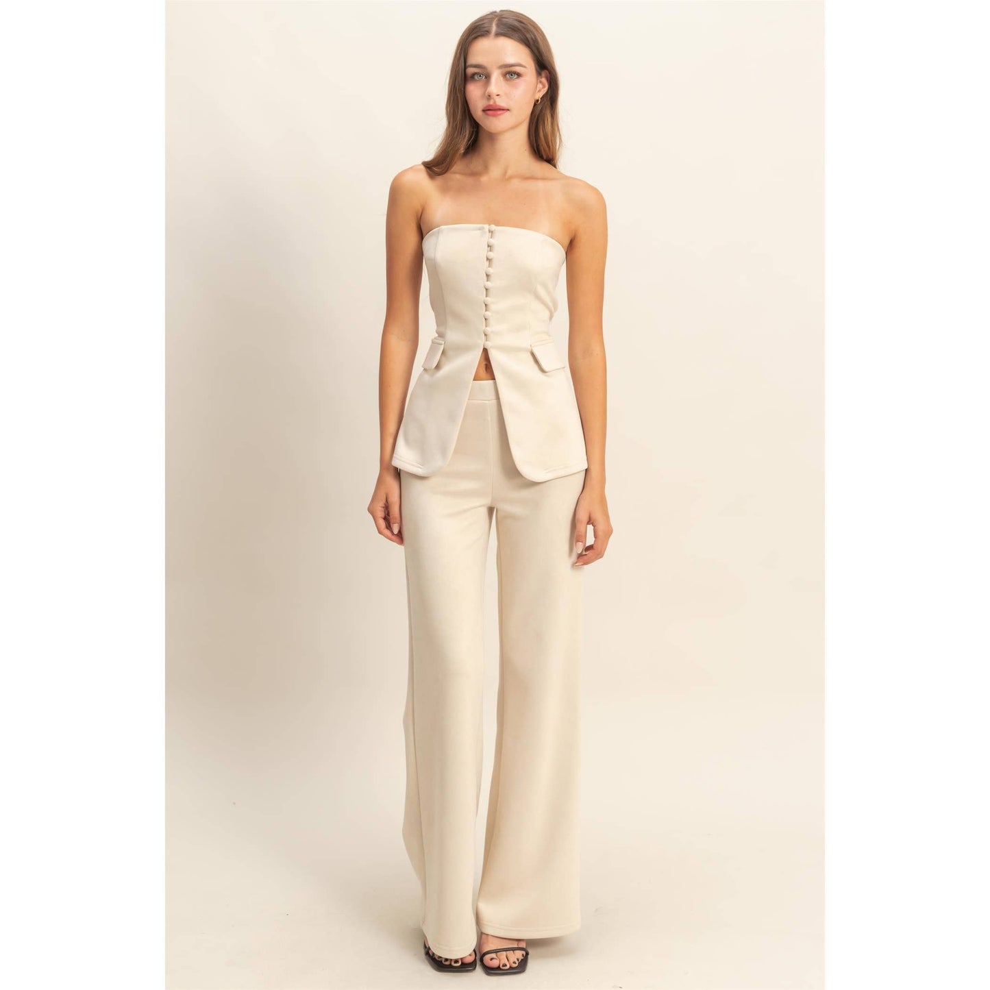 Suede Tailored Flare Pants And Peplum Top Set