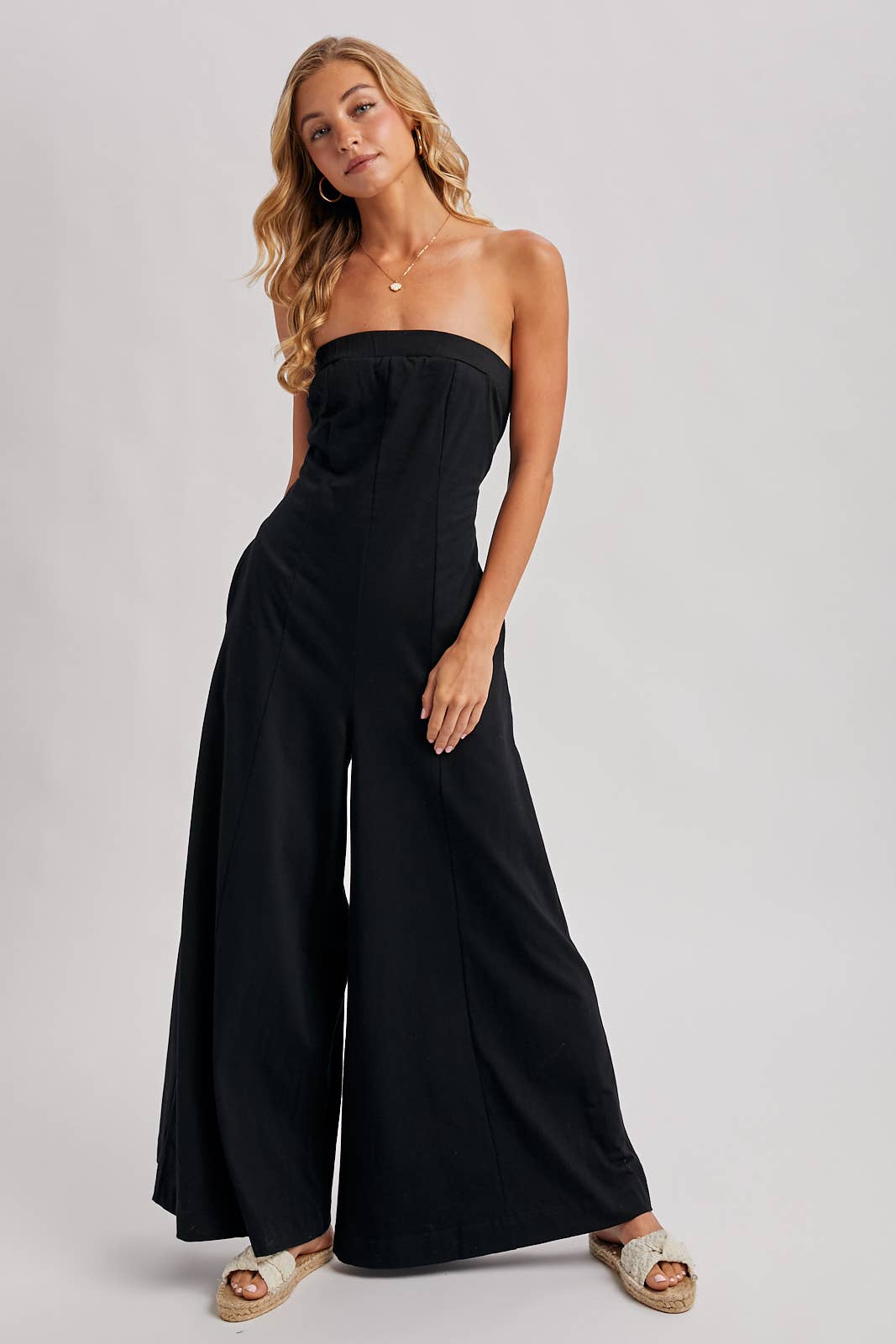 Strapless Bandeau Wide Leg Jumpsuit w/ Pockets