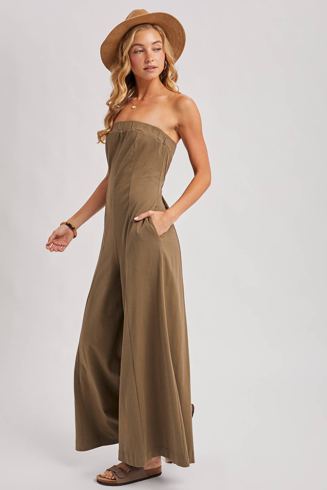 Strapless Bandeau Wide Leg Jumpsuit w/ Pockets