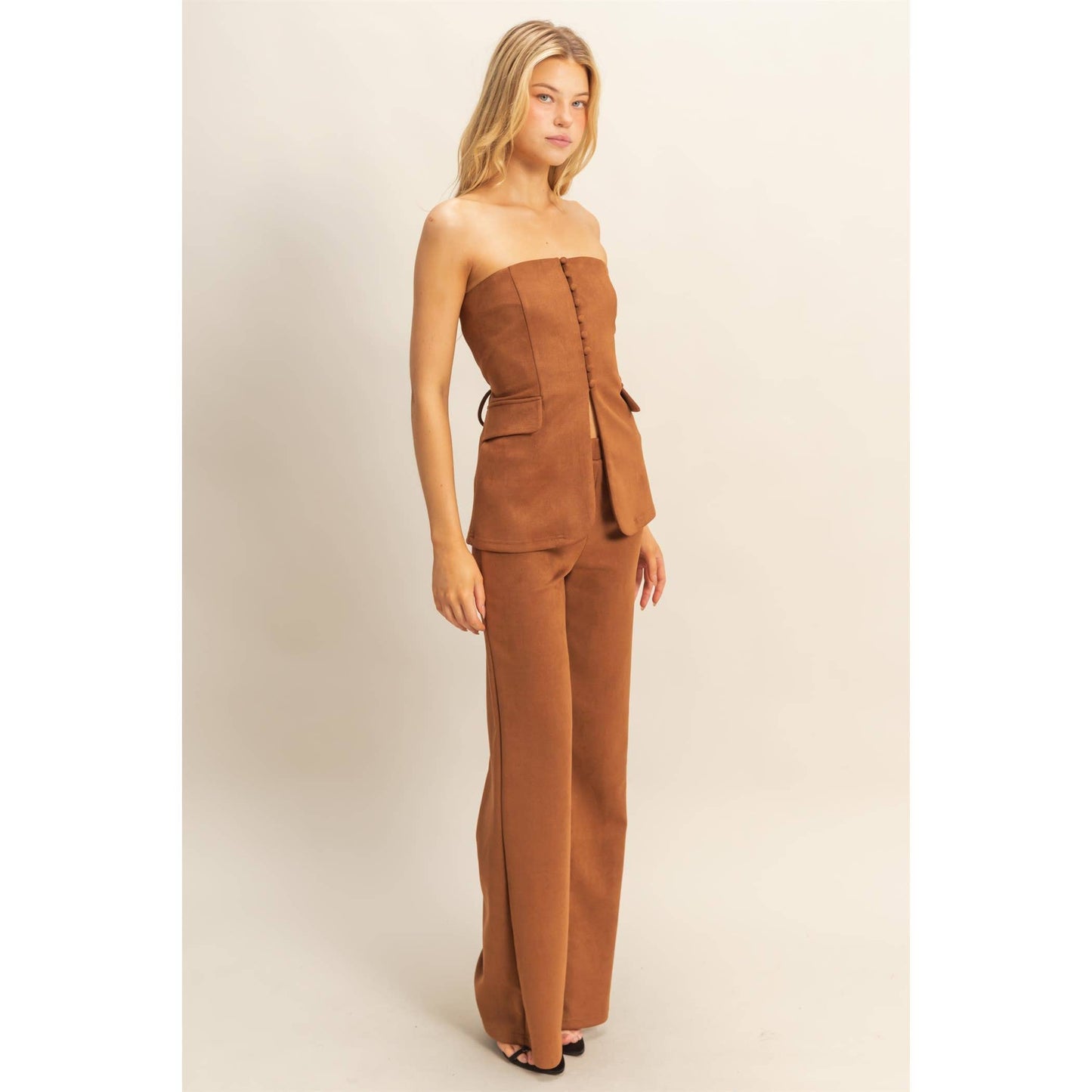 Suede Tailored Flare Pants And Peplum Top Set