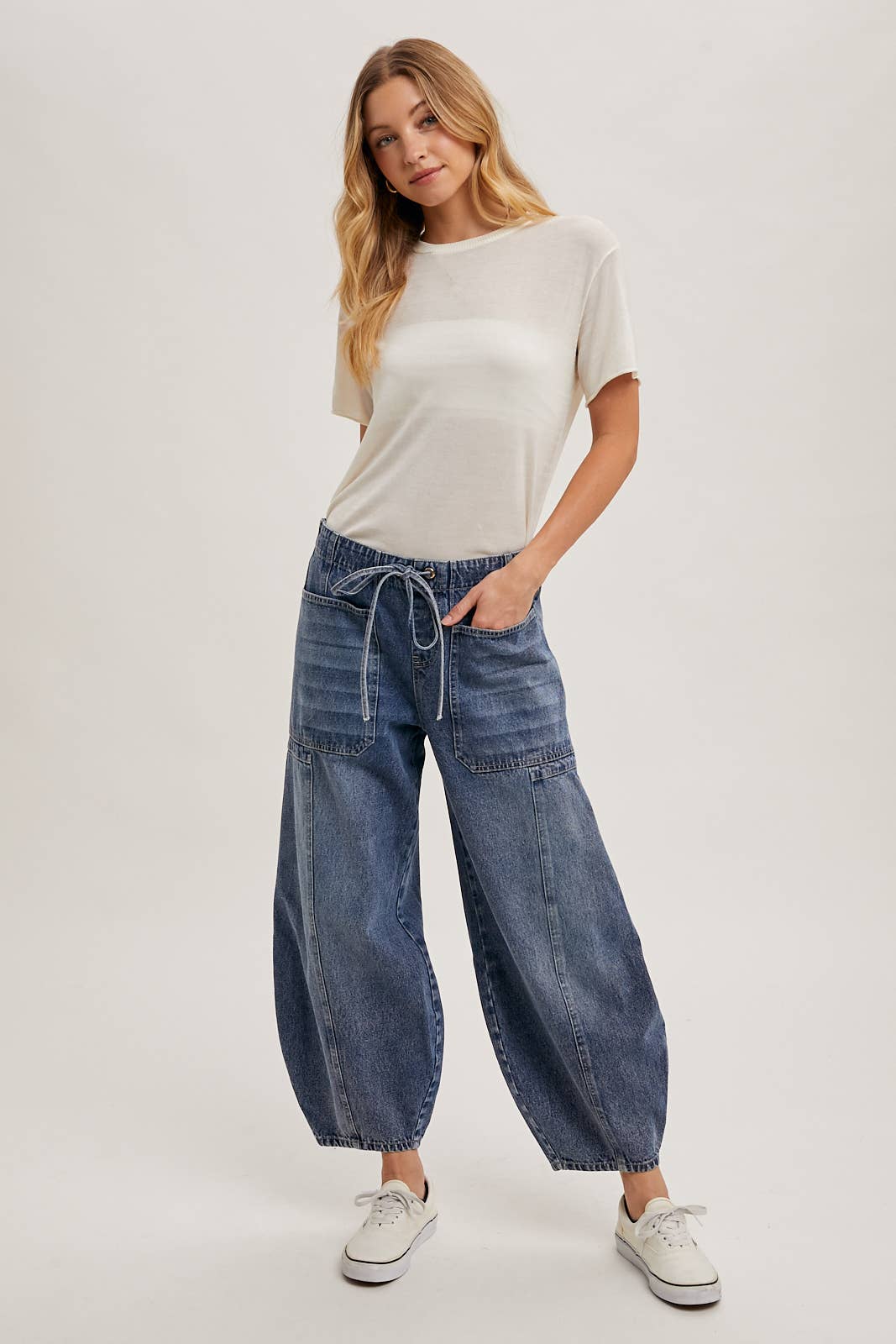 Denim Mid-Waist Drawstring Barrel Jeans
