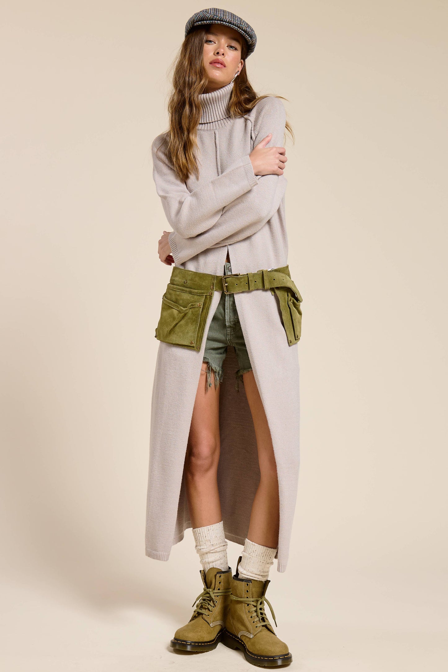 Ribbed Turtleneck Tunic Sweater Dress with Slit
