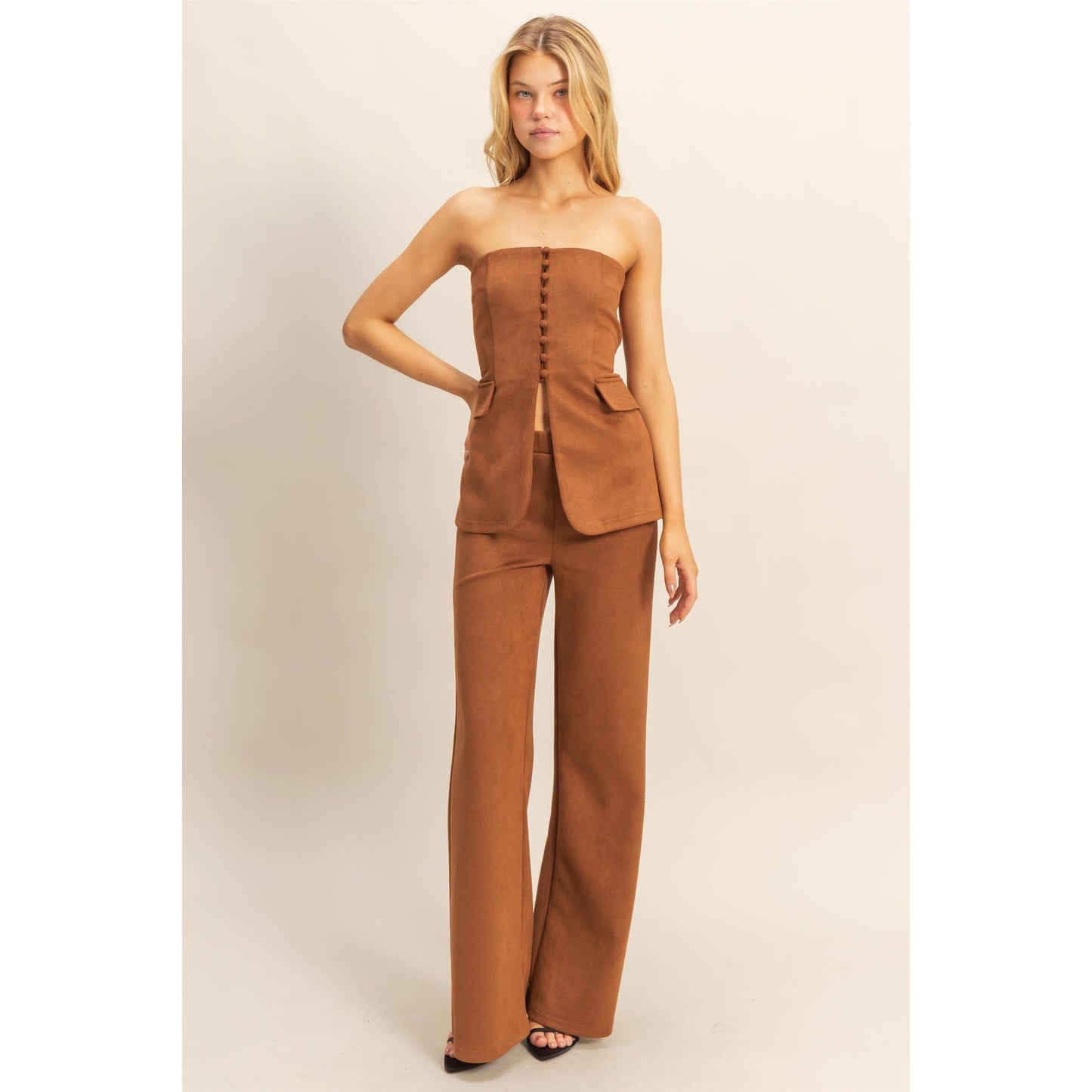 Suede Tailored Flare Pants And Peplum Top Set