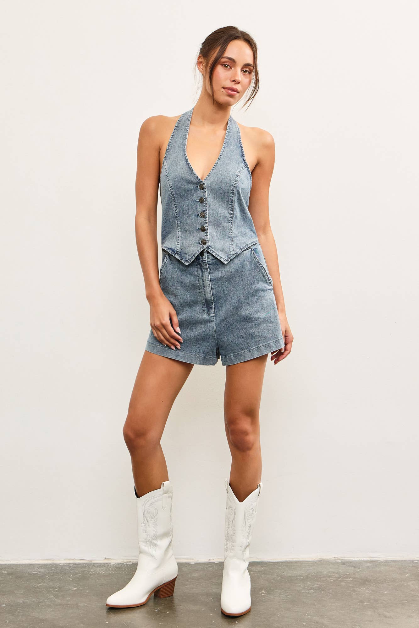 Halter Neck Vest Denim Romper