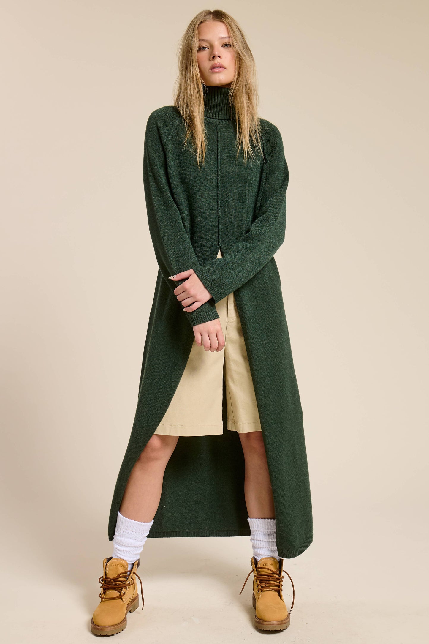 Ribbed Turtleneck Tunic Sweater Dress with Slit