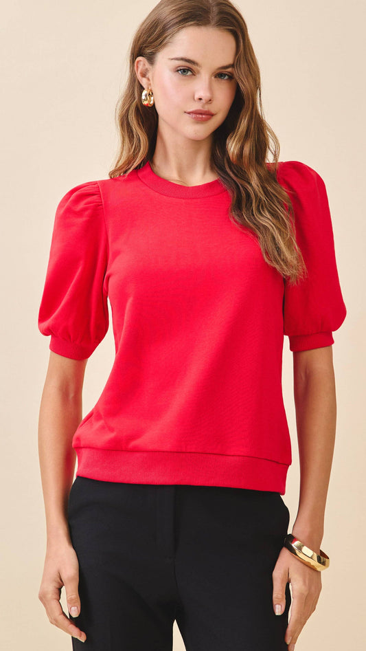 Crew Neck Short Puff Sleeves Knit Top