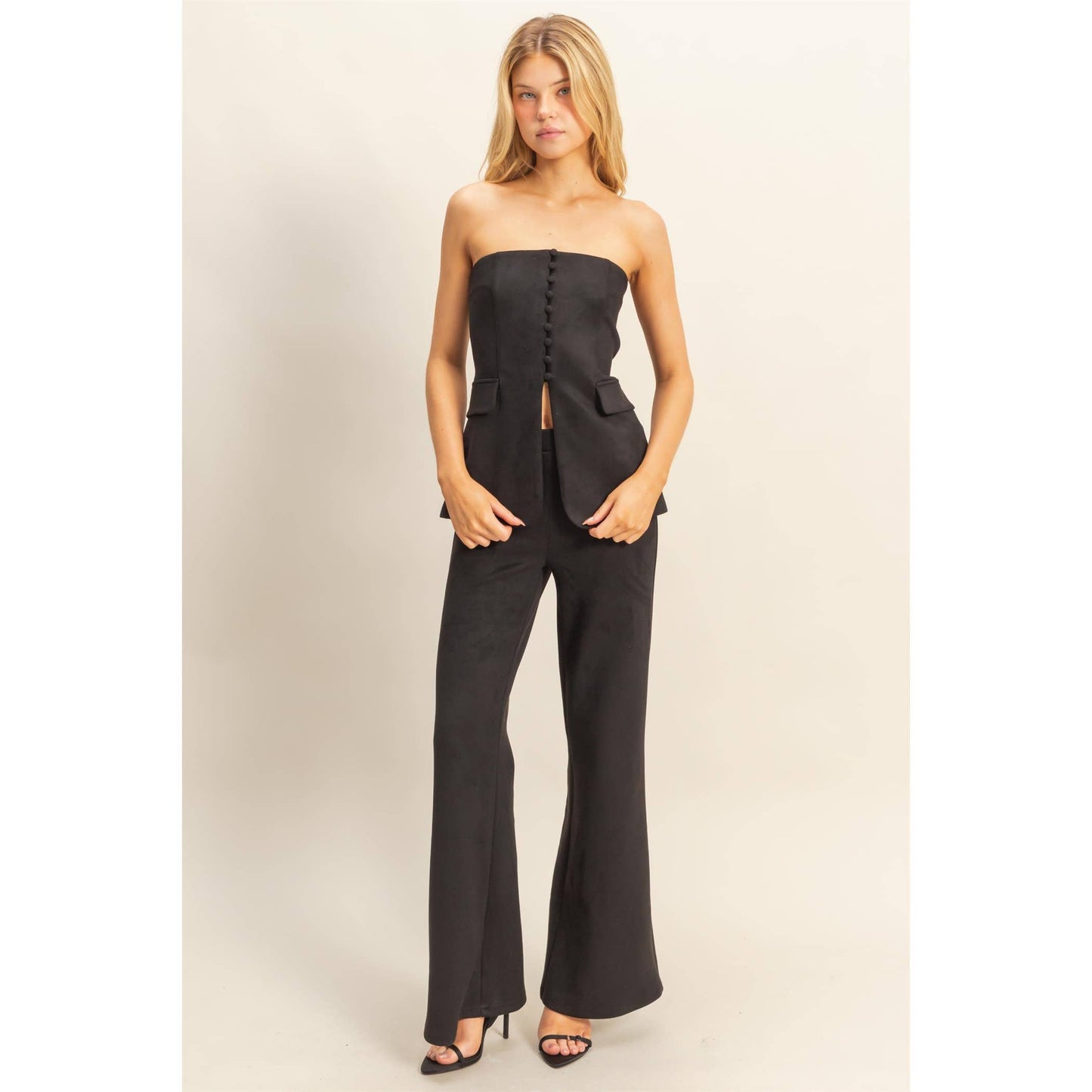 Suede Tailored Flare Pants And Peplum Top Set