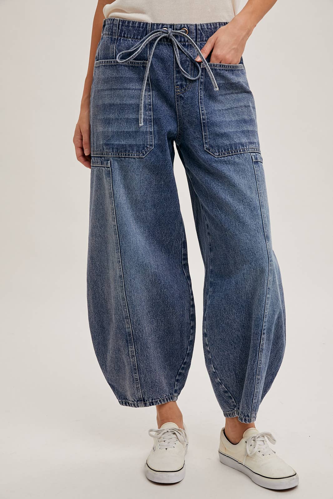 Denim Mid-Waist Drawstring Barrel Jeans