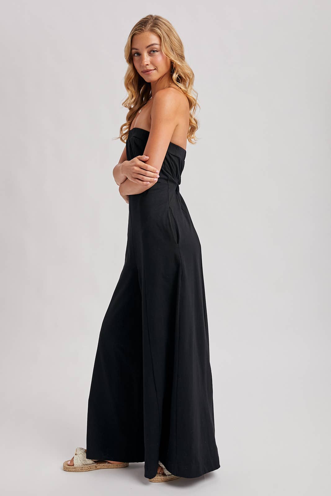 Strapless Bandeau Wide Leg Jumpsuit w/ Pockets