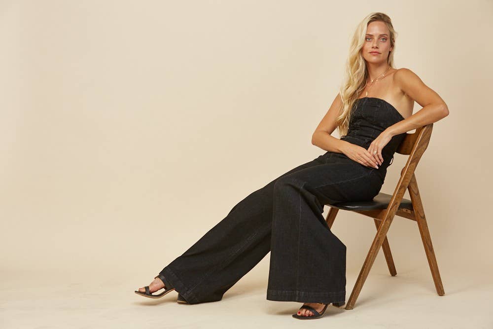 Off Shoulder Wide Leg Denim Jumpsuit