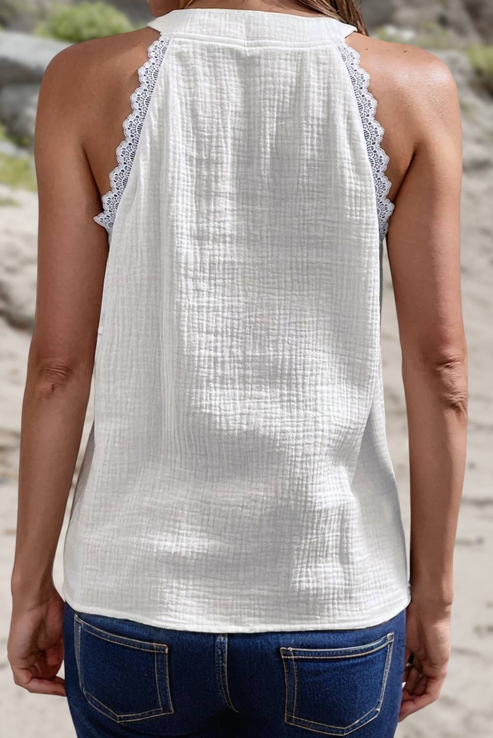 Cotton Textured Lace Trim Sleeveless Top