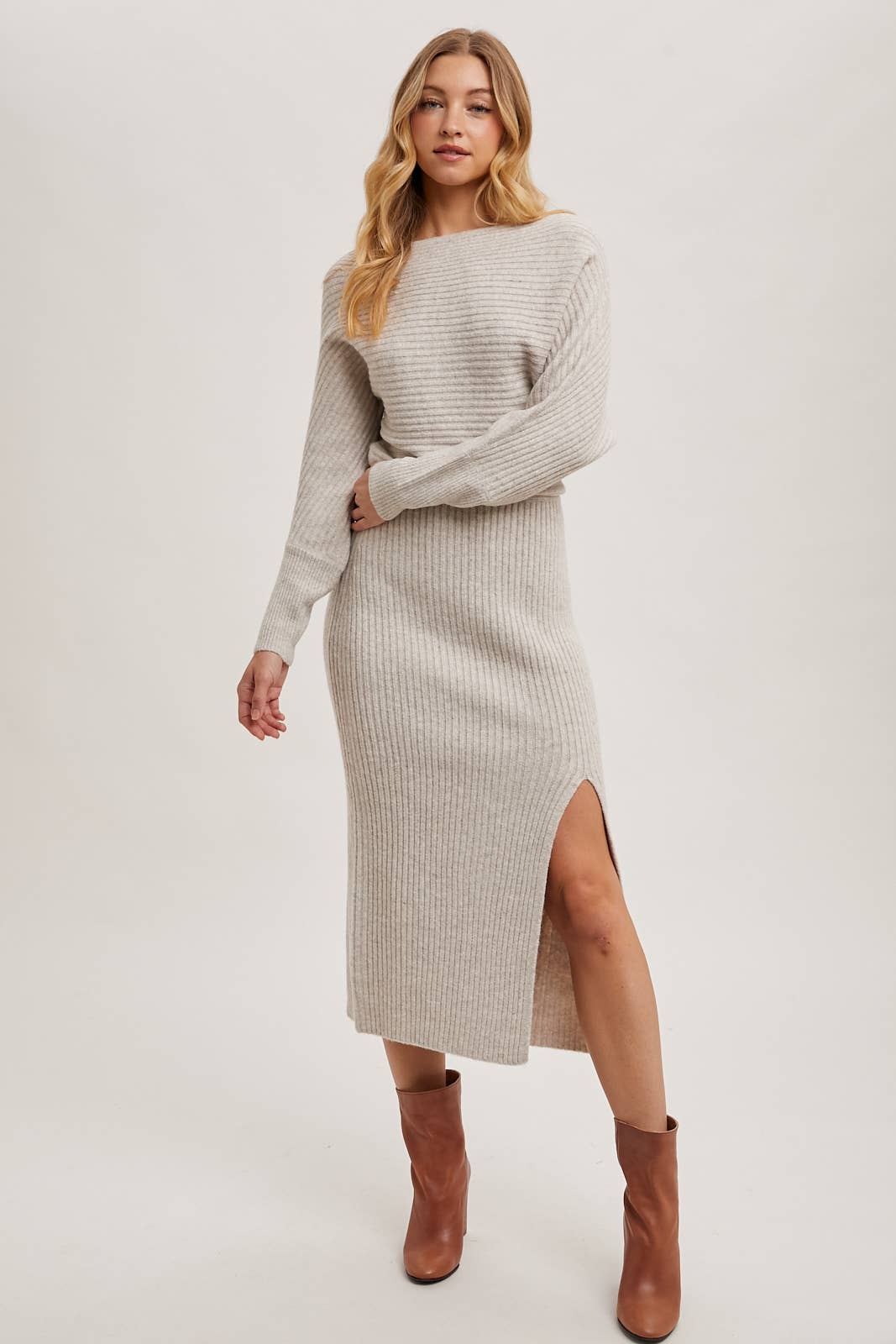 One Shoulder Off Side Slit Midi Knit Dress