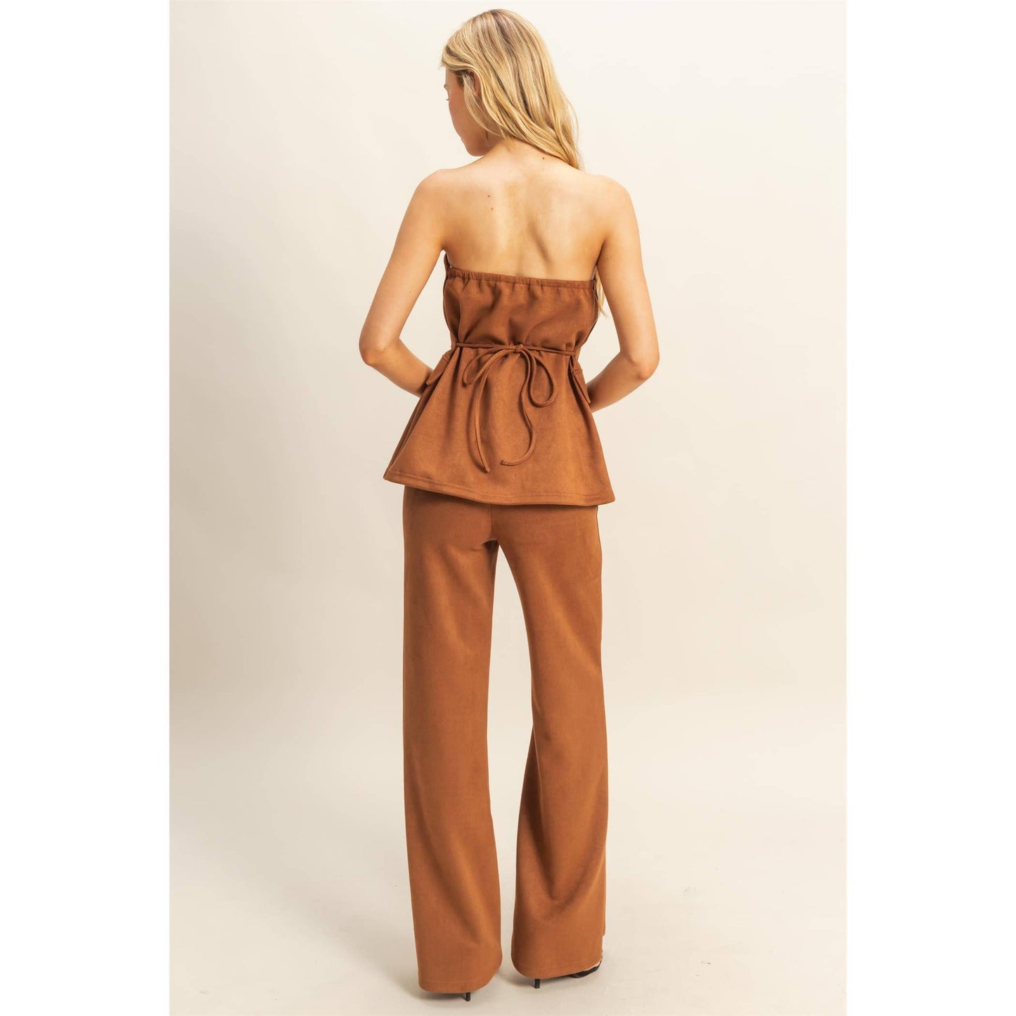 Suede Tailored Flare Pants And Peplum Top Set