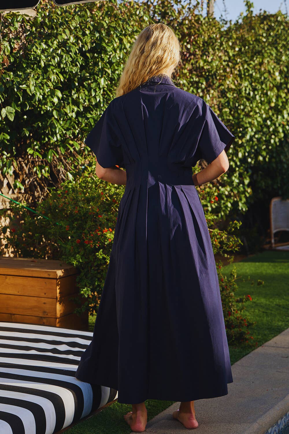 Cotton Poplin Button-Front Pleated Midi Shirt Dress
