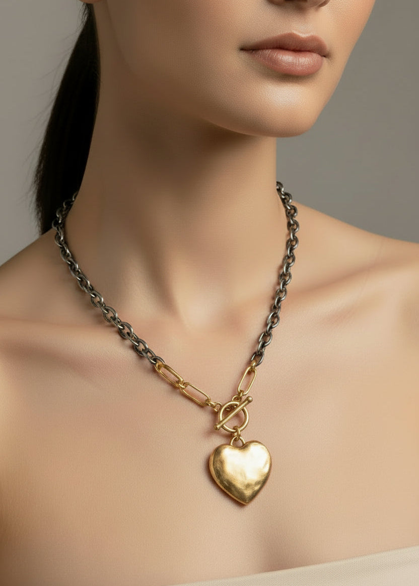 Gold Heart Silver Chain