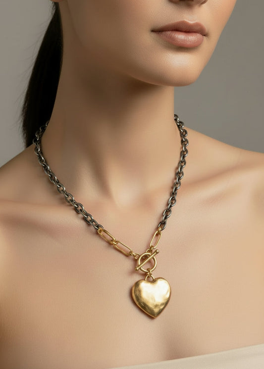 Gold Heart Silver Chain