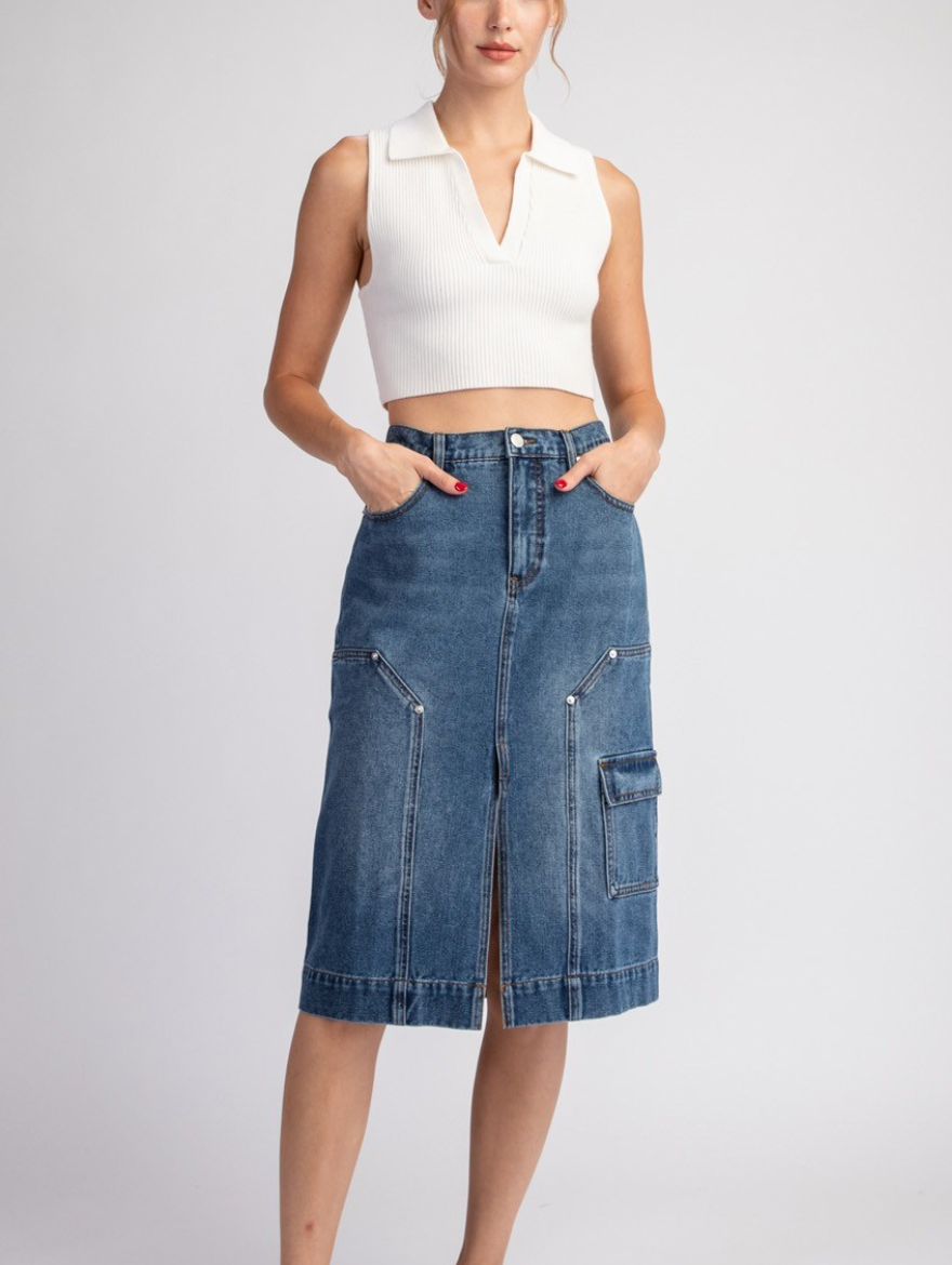 Mineral Washed Denim Midi Skirt