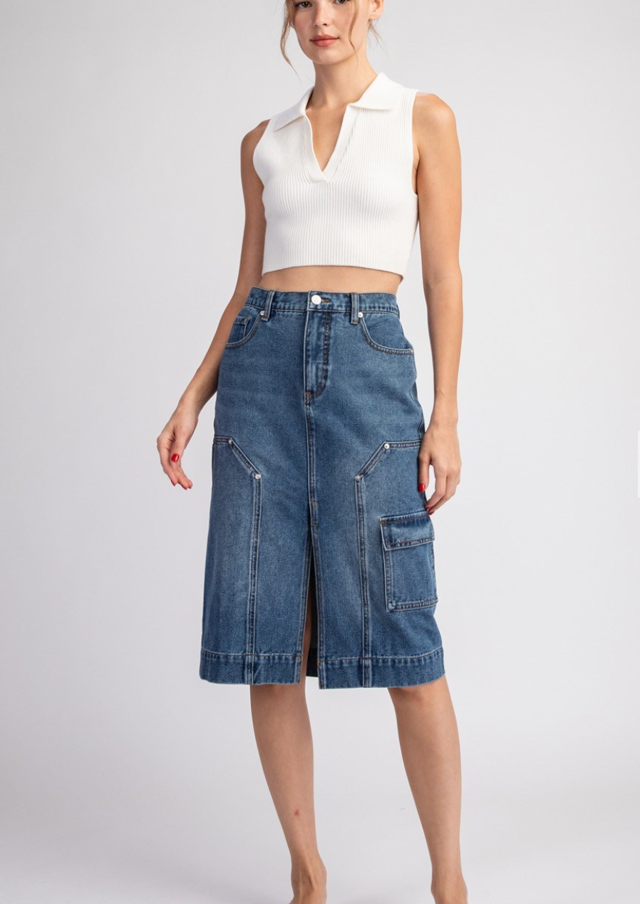 Mineral Washed Denim Midi Skirt