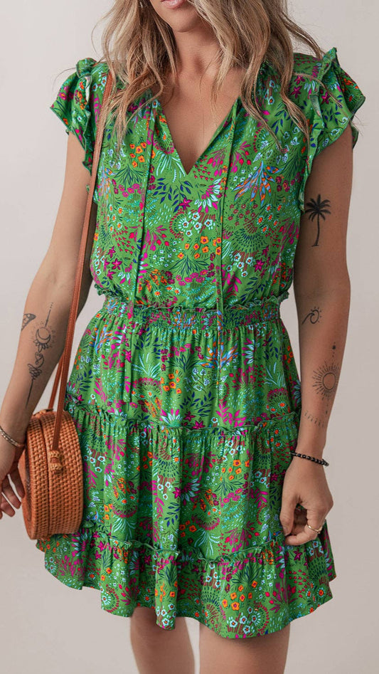Floral V-Neck Tiered Summer Mini Dress