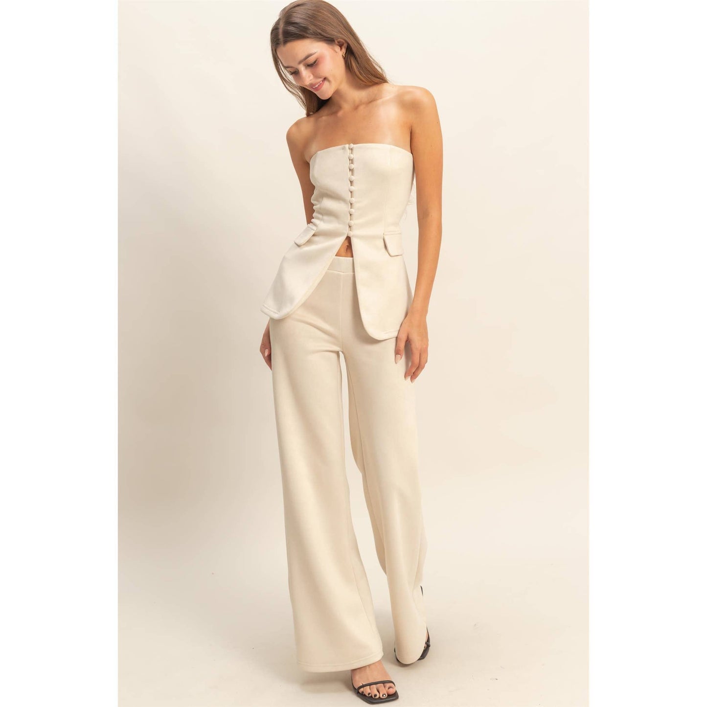 Suede Tailored Flare Pants And Peplum Top Set