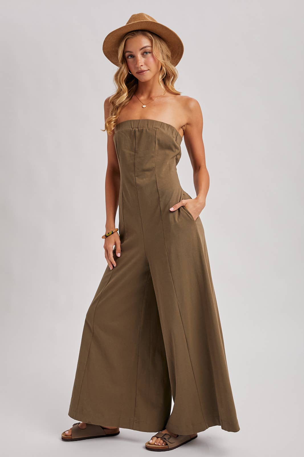 Strapless Bandeau Wide Leg Jumpsuit w/ Pockets