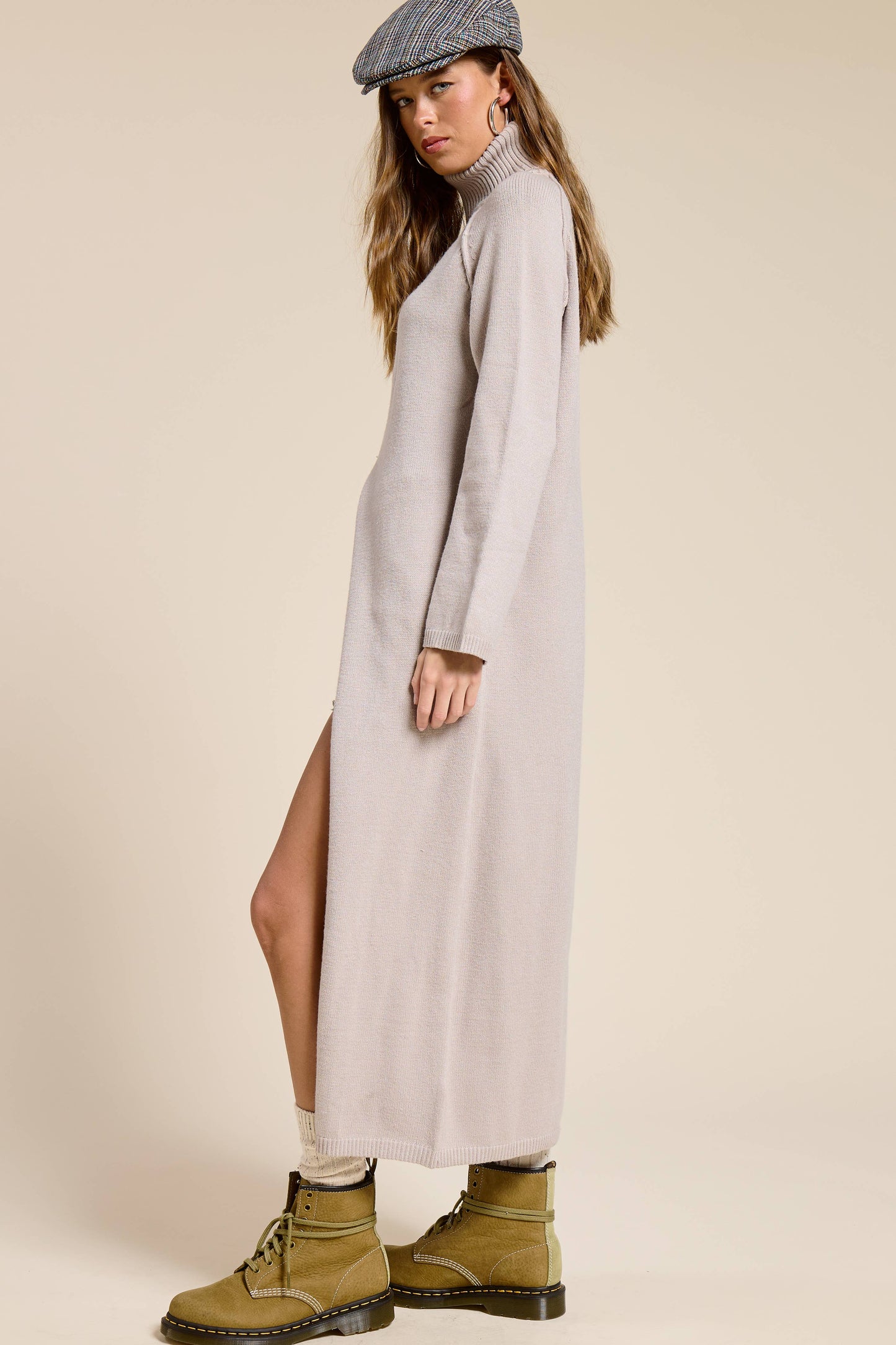 Ribbed Turtleneck Tunic Sweater Dress with Slit