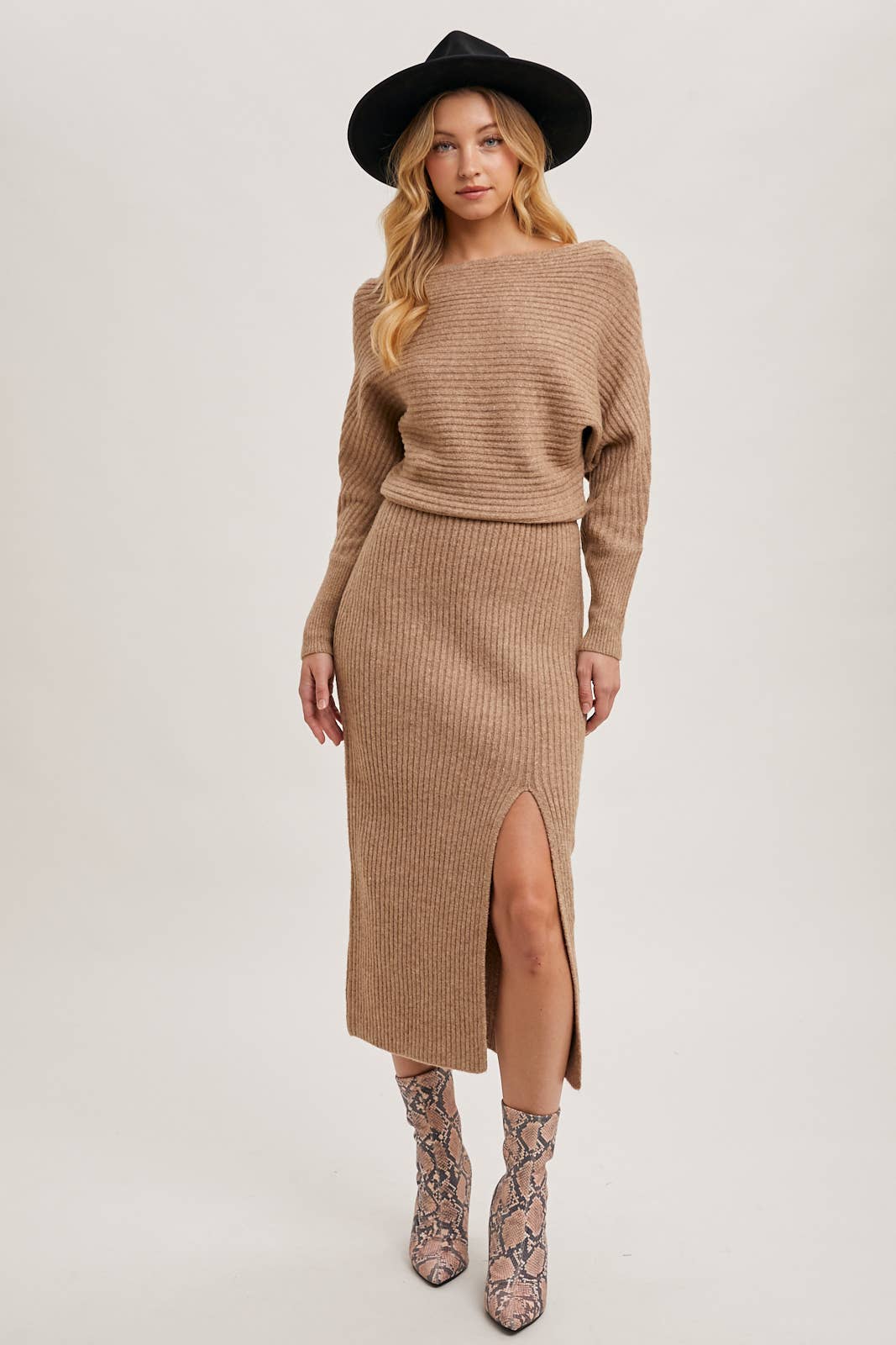 One Shoulder Off Side Slit Midi Knit Dress