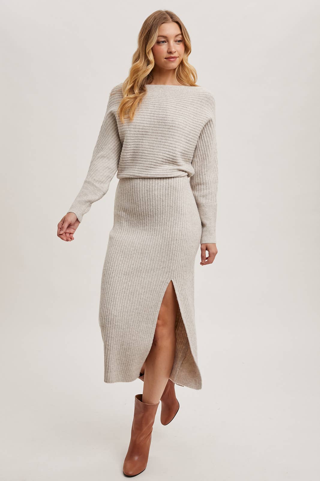 One Shoulder Off Side Slit Midi Knit Dress