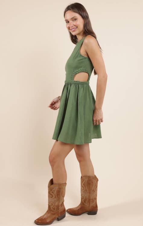 Good Day Braided Dtl Cutout Mini Dress : GREEN: SMALL