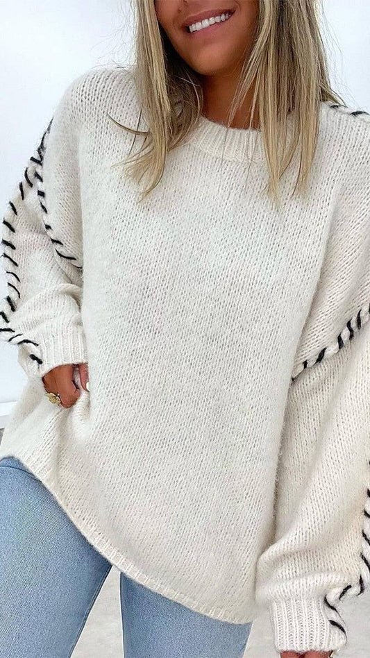 Crew Neck Long Sleeve Sweater w/ Detail Stitching (Copy)