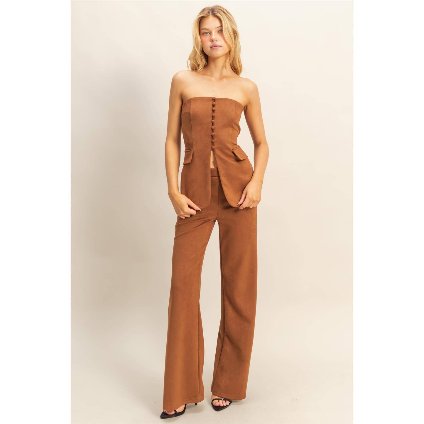 Suede Tailored Flare Pants And Peplum Top Set