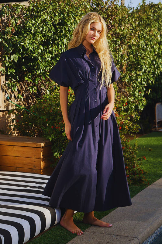 Cotton Poplin Button-Front Pleated Midi Shirt Dress