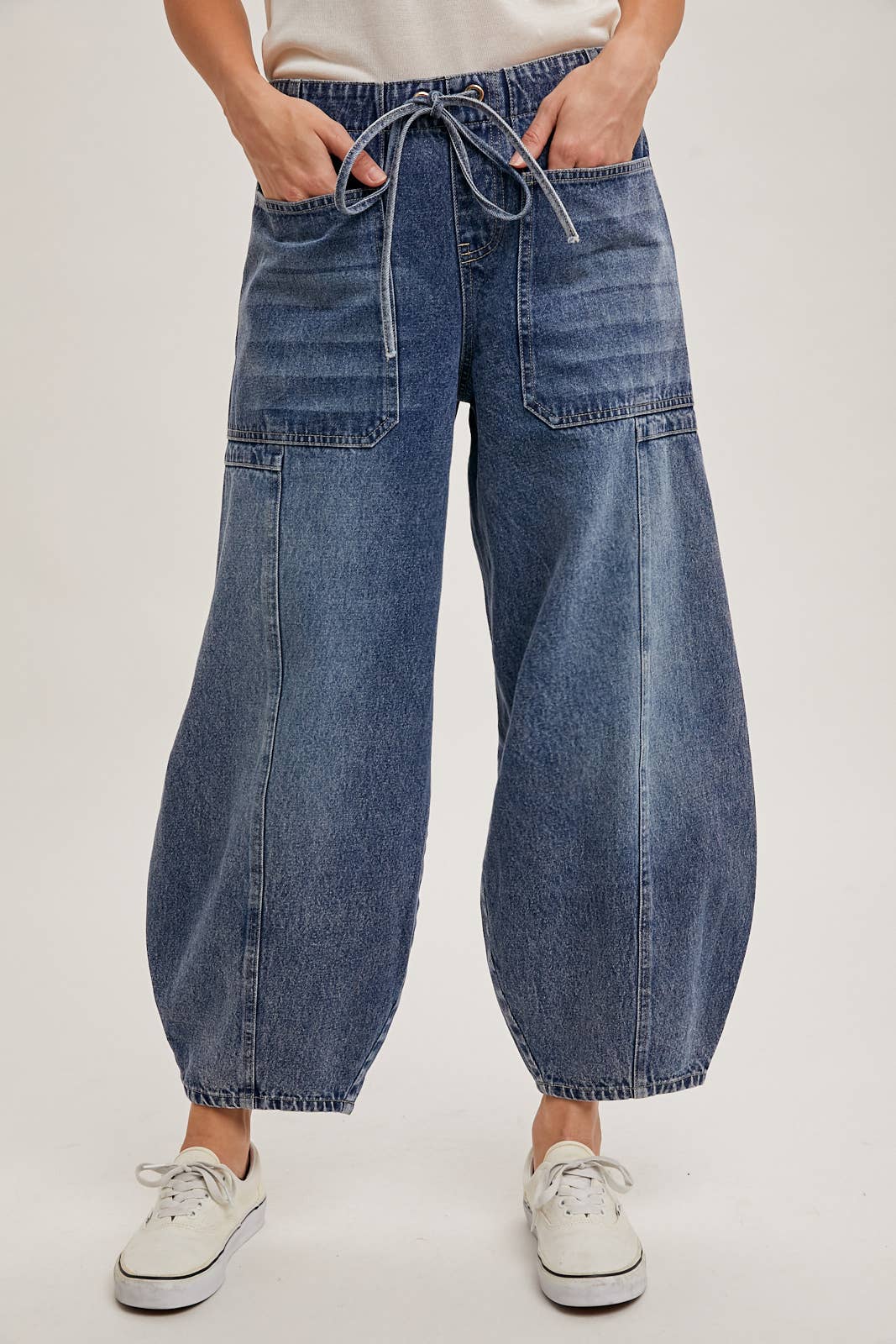 Denim Mid-Waist Drawstring Barrel Jeans