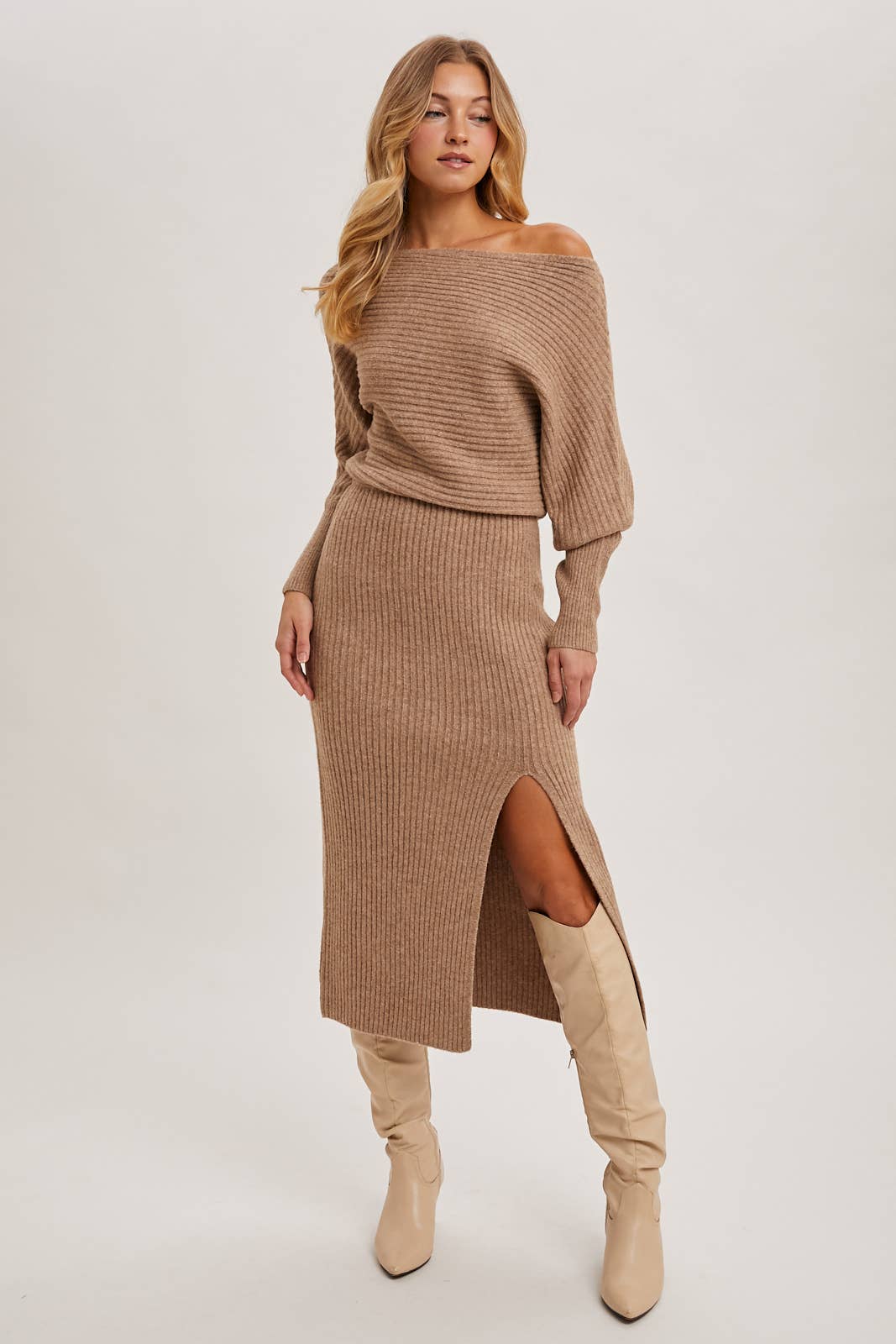 One Shoulder Off Side Slit Midi Knit Dress