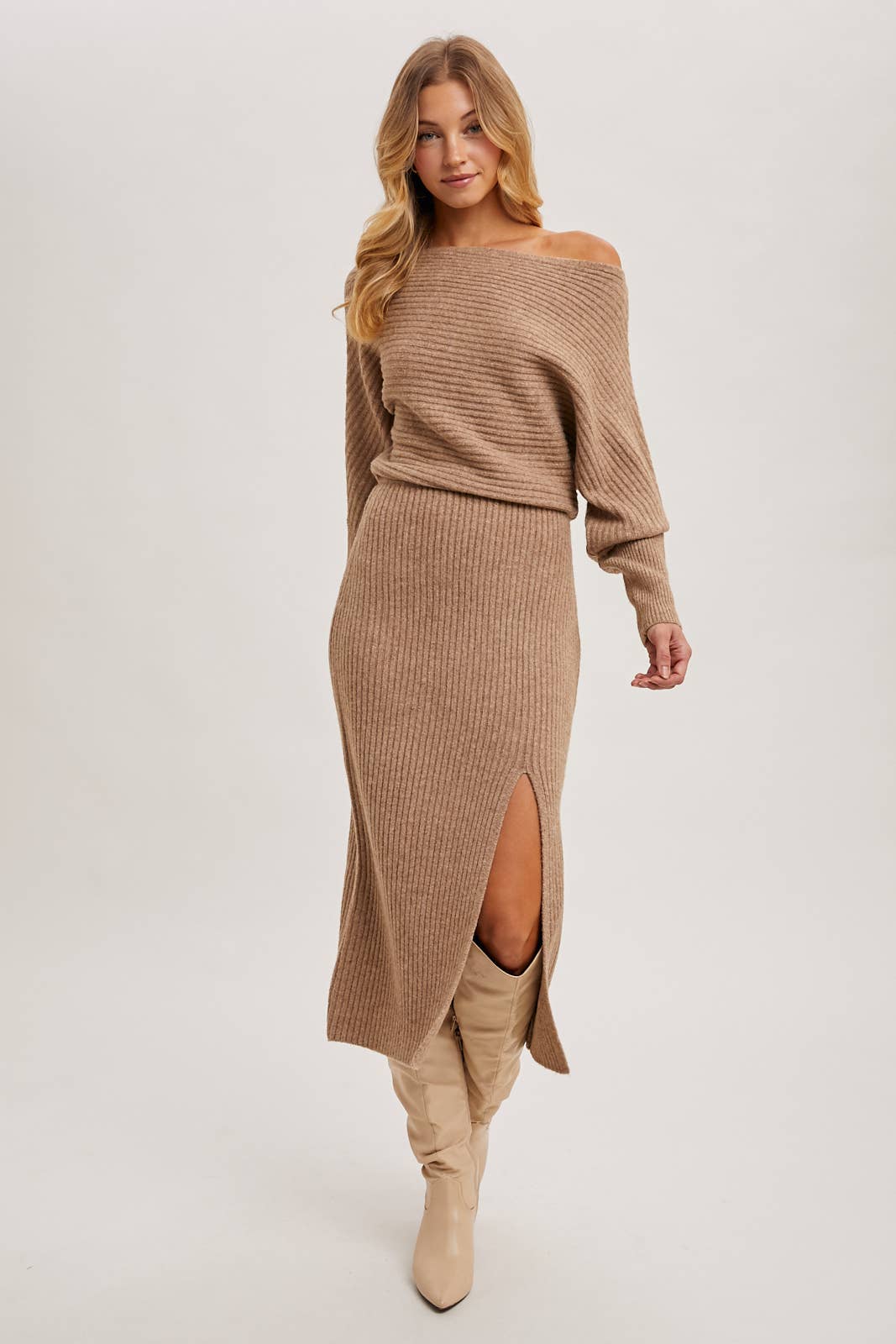 One Shoulder Off Side Slit Midi Knit Dress