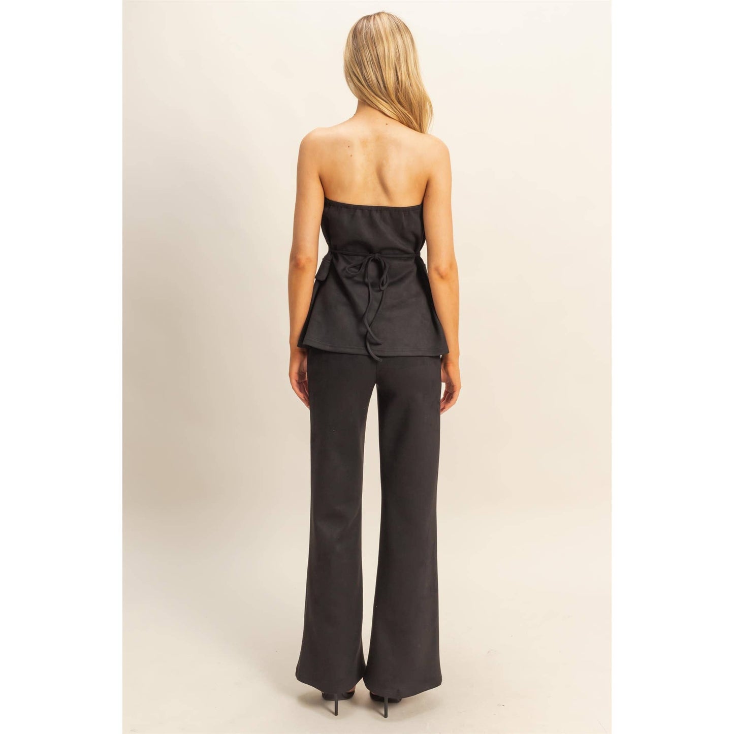 Suede Tailored Flare Pants And Peplum Top Set