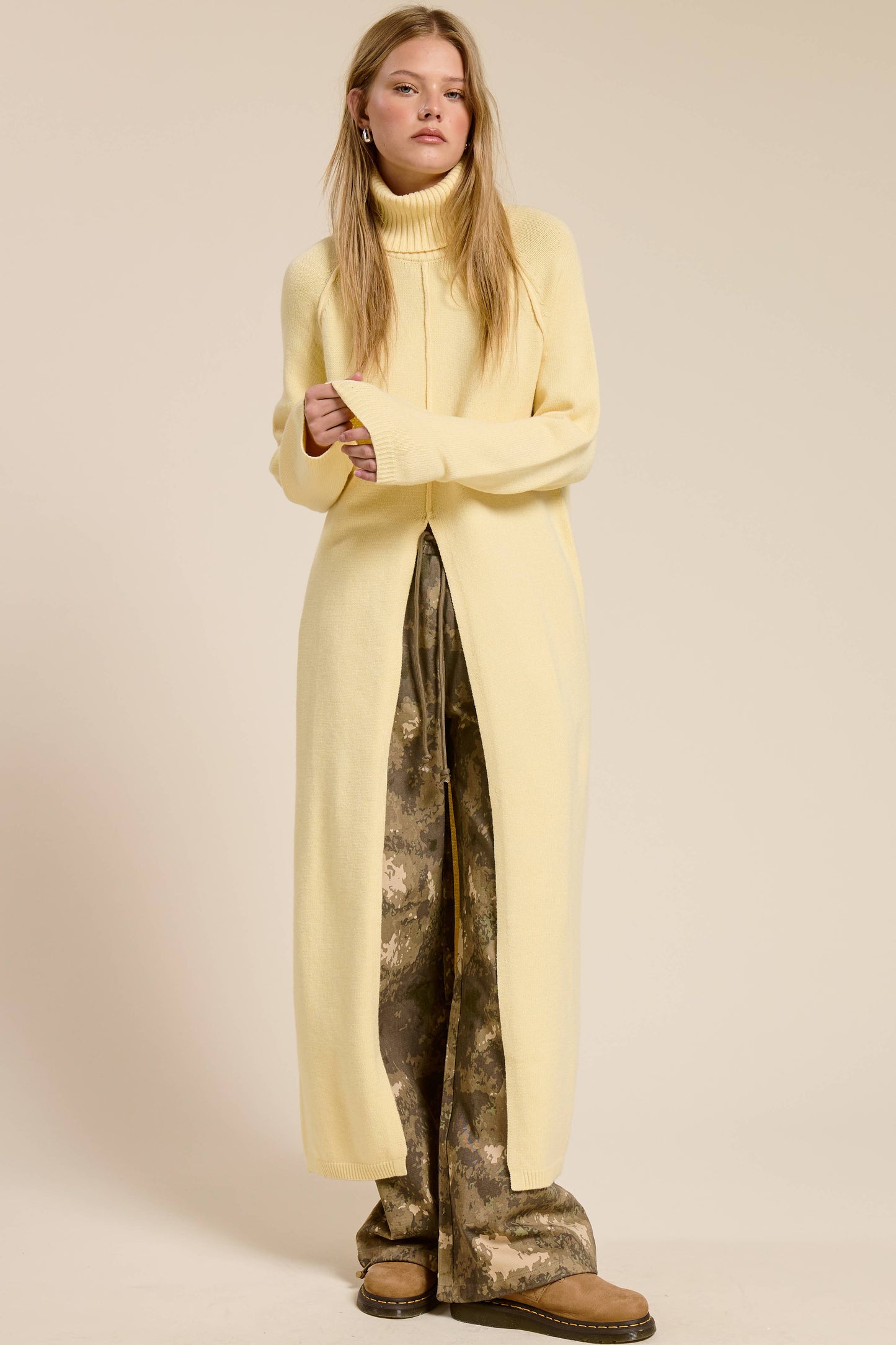 Ribbed Turtleneck Tunic Sweater Dress with Slit